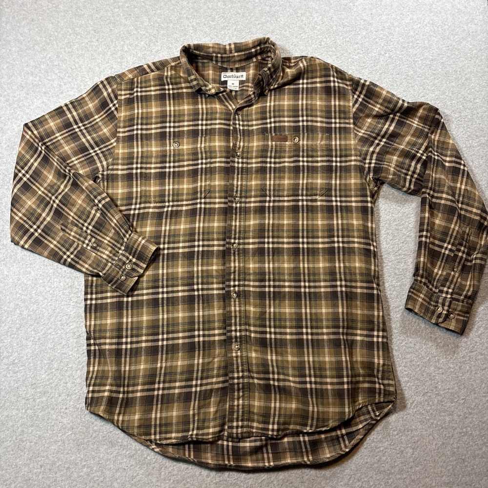 VTG Carhartt Brown Flannel Long Sleeve Button Down Men's M 2 Pocket 90s Work